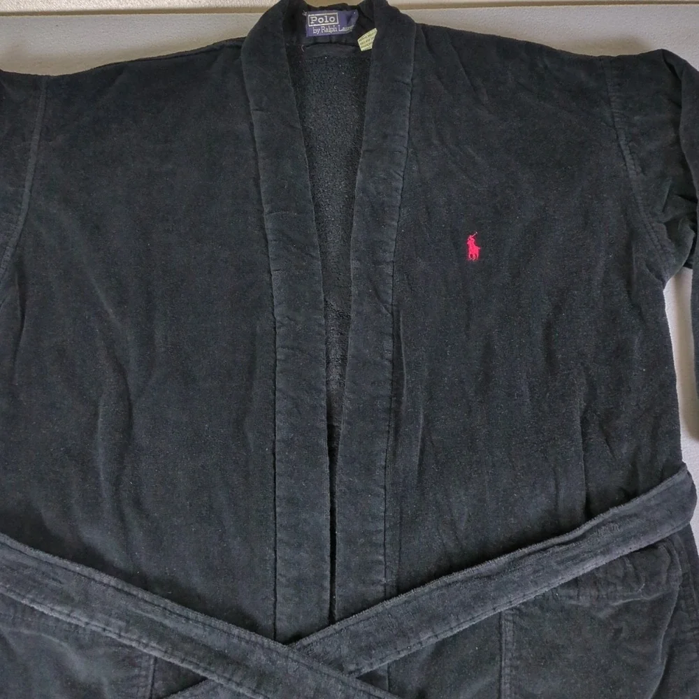 VTG Polo Ralph Lauren Robe Mens One Size Black Kimono Loungewear French Terry